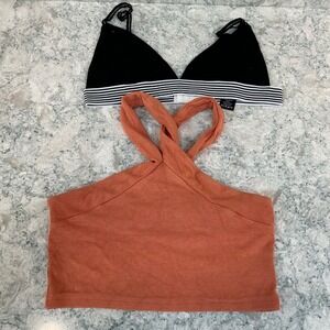 POL Crop Top Bralette Set S Orange Black Halter Ribbed Striped YKT349 BWT192